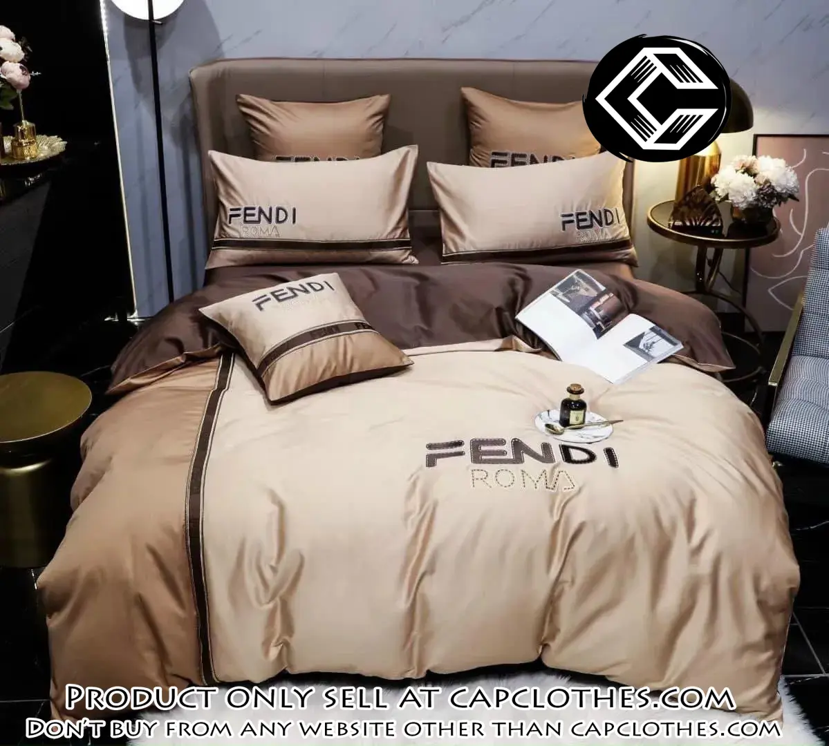 Fendi roma brown premium luxury brand bedding set duvet cover home decor special gift cc4339501